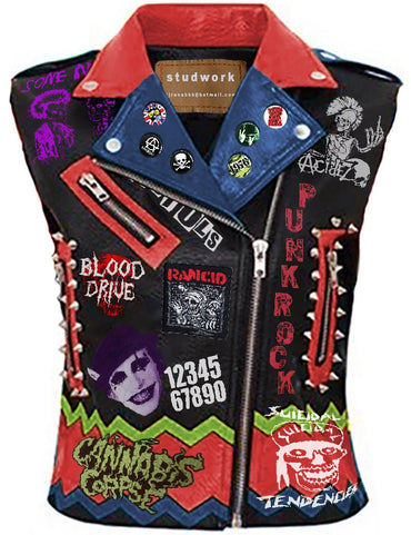Colorful Montage Spiked Leather Vest