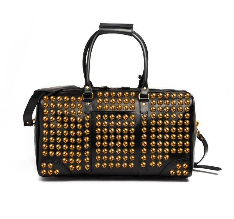 Obsidian Aureate Gold-Studded Leather Duffel Weekender Bag