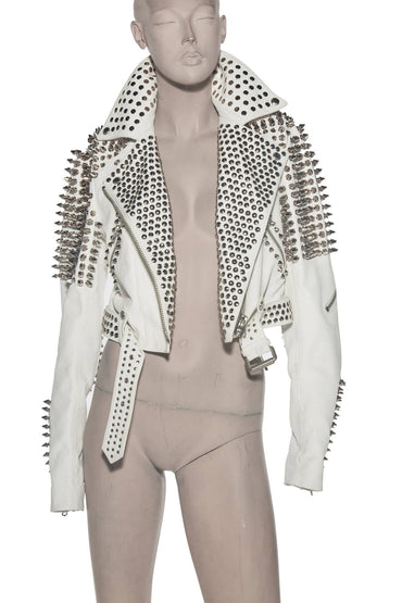 Handcrafted Silver Long Studded Leather Jacket