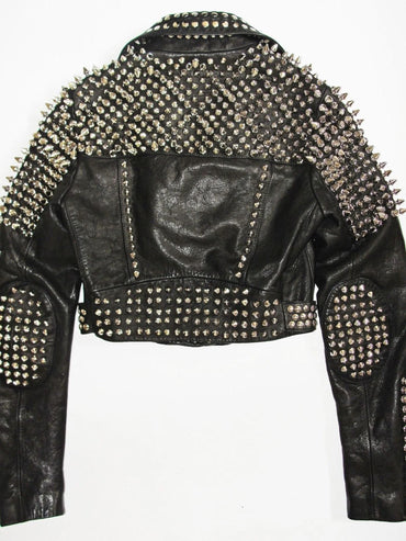Handmade Brando Style Punk Silver Spiked Leather Jacket