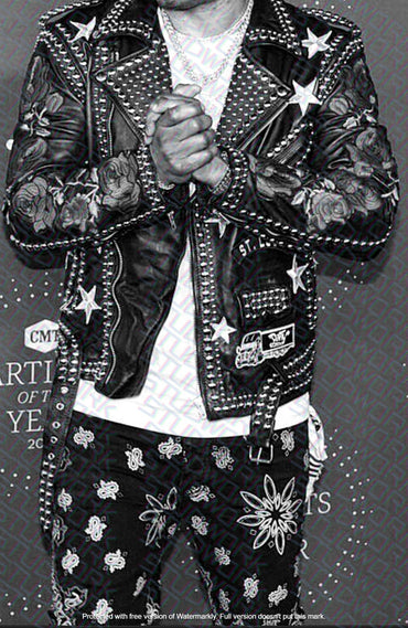 Men White and Silver Patches Studded leather jacket