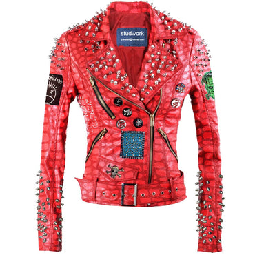 Red Crocodile-Print Leather Jacket