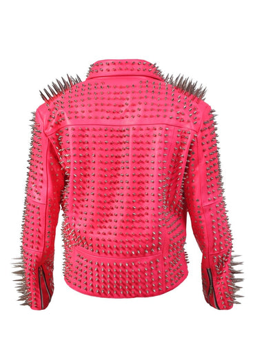 Pink Long Spiked Studded Leather Jacket