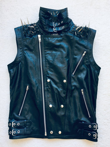 Black Punk Silver Long Spiked Studded Leather Vest