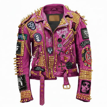 Magenta Mayhem Gold-Spiked Punk Leather Jacket