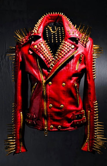 Red Leather Spiked Biker Jacket