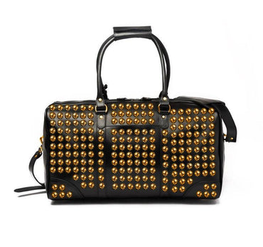 Obsidian Aureate Gold-Studded Leather Duffel Weekender Bag