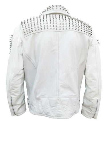 Men’s White Silver Studded Brando Biker Jacket