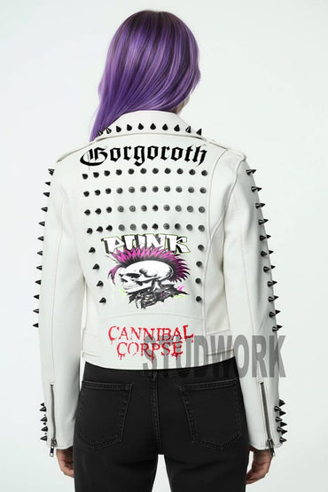 Ivory Anarchy Black Cone-Studded Leather Jacket