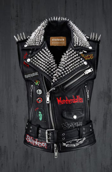Grave Riot Studded Leather Patch Biker Jacket