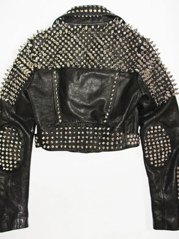Brando Style Half Golden Spiked Studded Leather Jacket