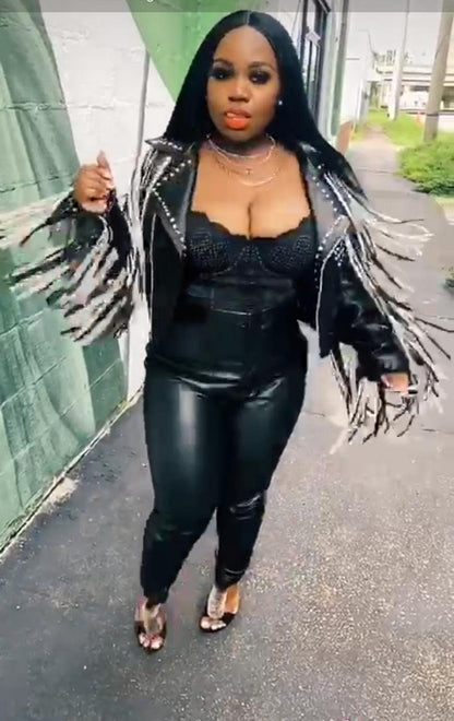 Midnight Fringe Studded Leather Biker Jacket