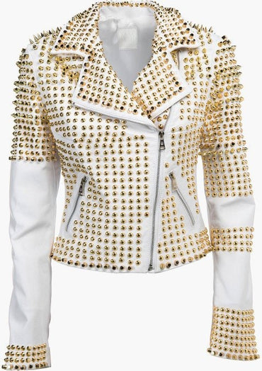 Aurelia Anarchy Full Gold Studded Leather Biker Jacket