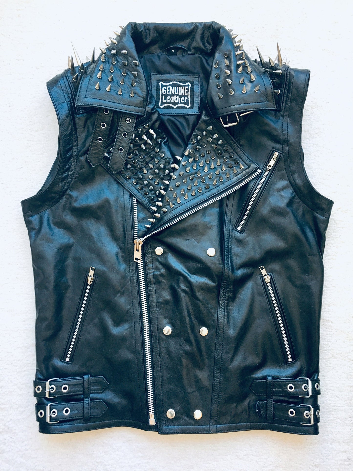 Black Punk Silver Long Spiked Studded Leather Vest