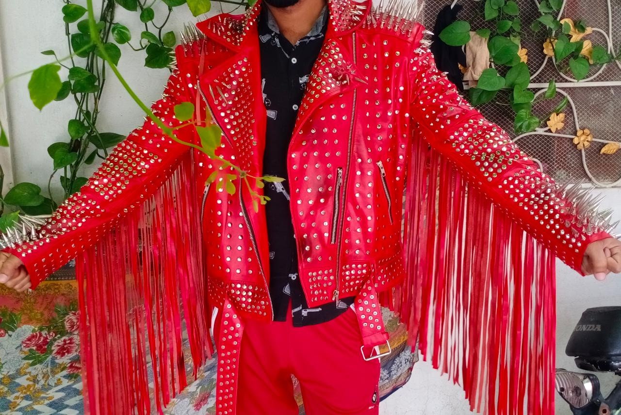 Red Rocker Studded Fringe Leather Jacket