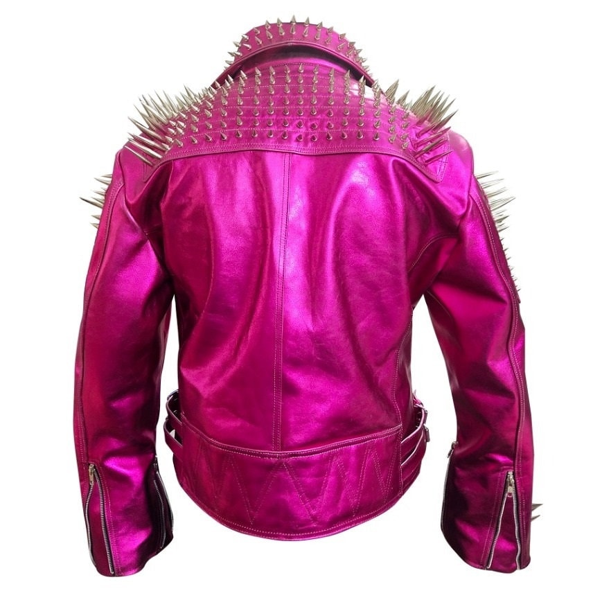 Pink Long Spiked Leather Jacket