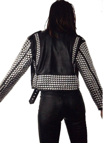 Women Dome Silver Studded Leather Jacket Moto Bike Style