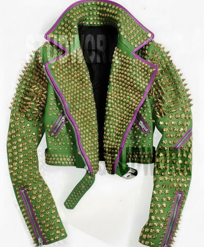 Teal Venom Gold-Spiked Brando Leather Jacket
