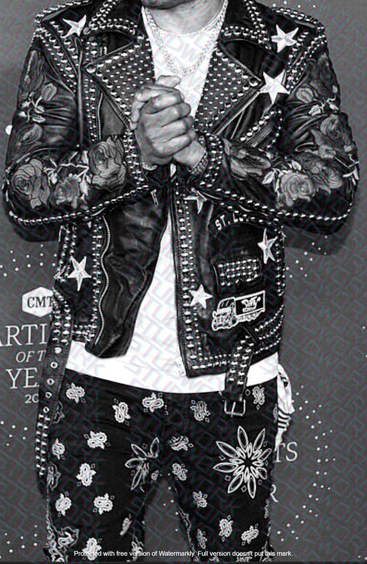 Men White and Silver Patches Studded leather jacket