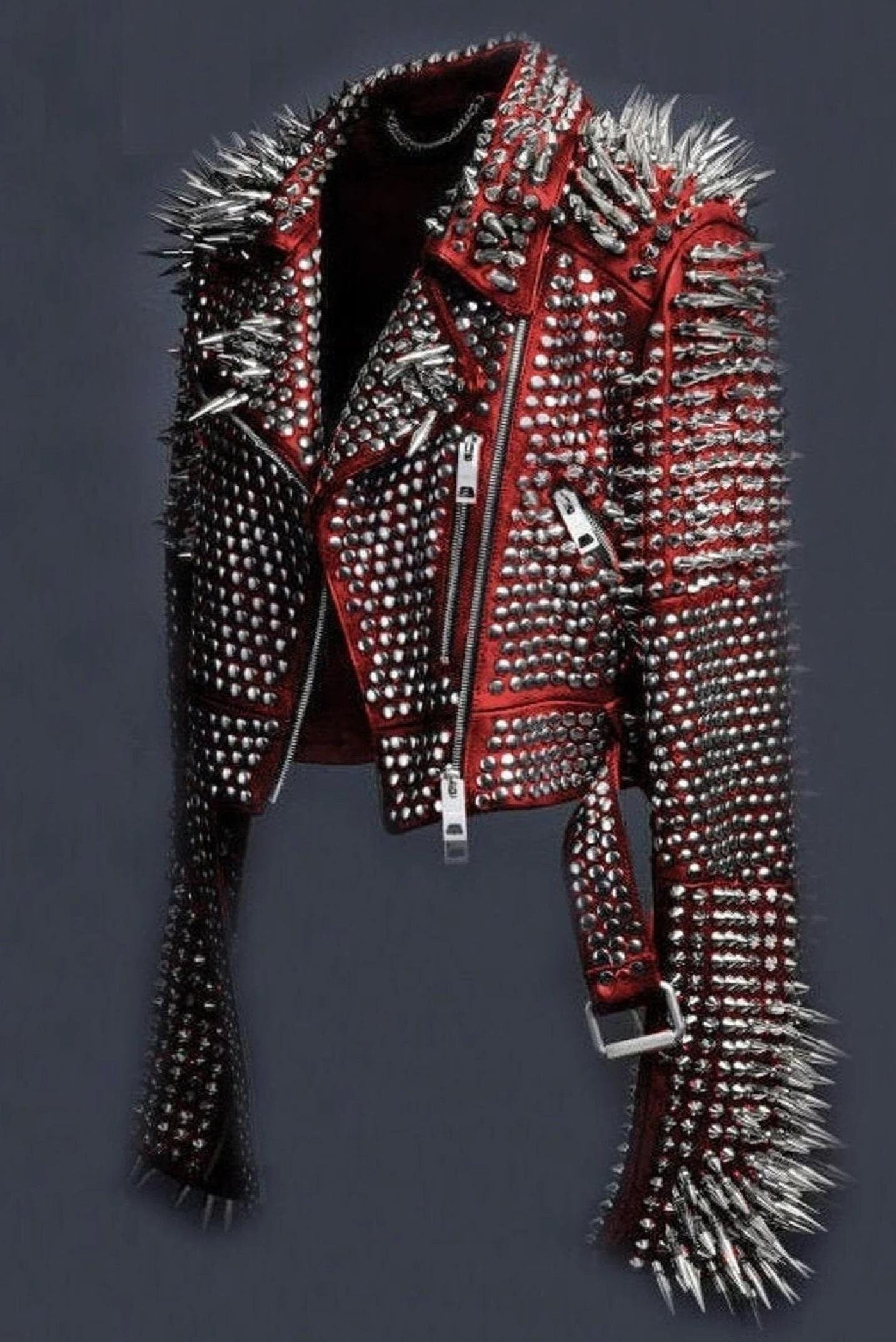 Maroon Red Long-Spiked Punk Brando Jacket
