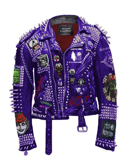 Violet Mosh Studded Leather Patch Jacket