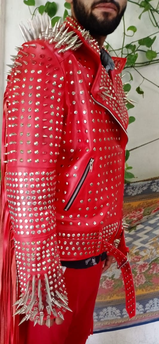 Red Rocker Studded Fringe Leather Jacket