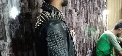 ull Black Punk Silver Long Spiked Studded Leather Buttons Up Jacket