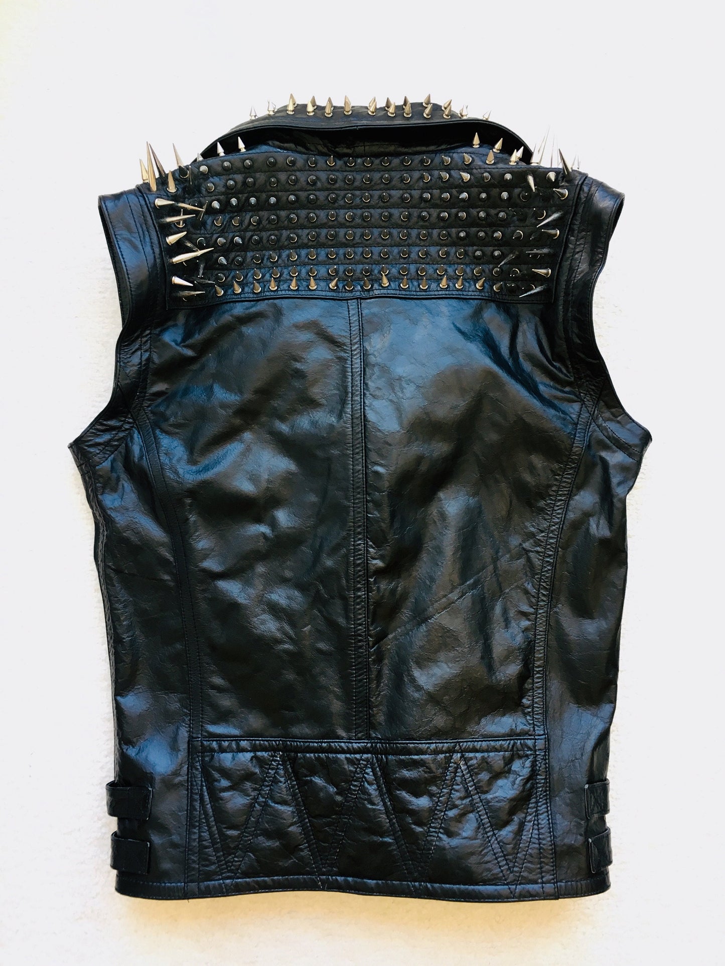 Black Punk Silver Long Spiked Studded Leather Vest