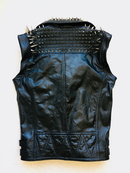 Black Punk Silver Long Spiked Studded Leather Vest