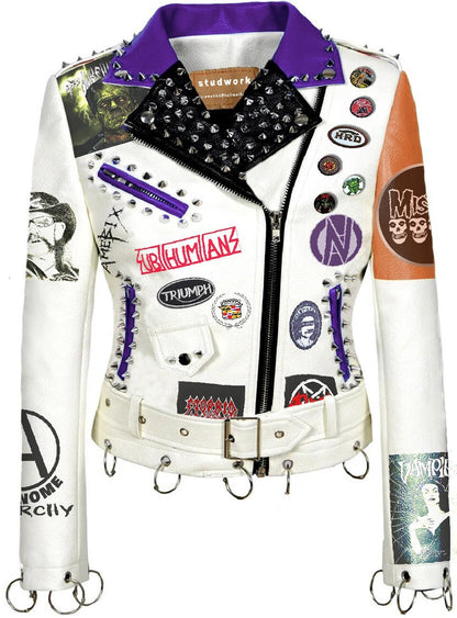 White Gothic Patchwork Leather Jacket