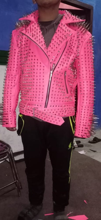 Pink Long Spiked Studded Leather Jacket