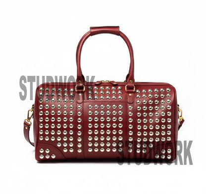 Crimson Vault Studded Leather Duffel Bag