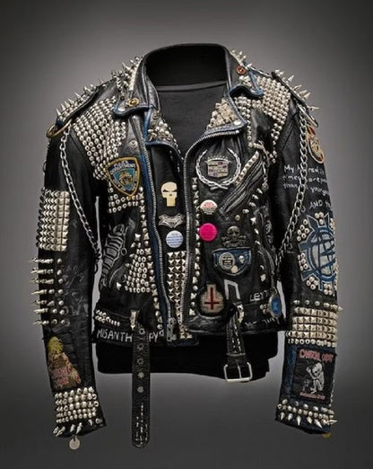 Black Mass Studded Leather Patch Jacket