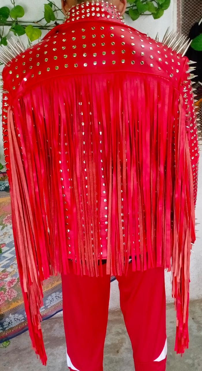 Red Rocker Studded Fringe Leather Jacket