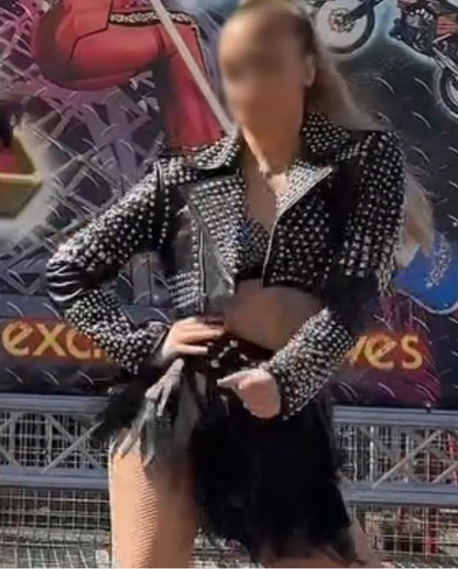 Cropped Studded Black Leather Jacket