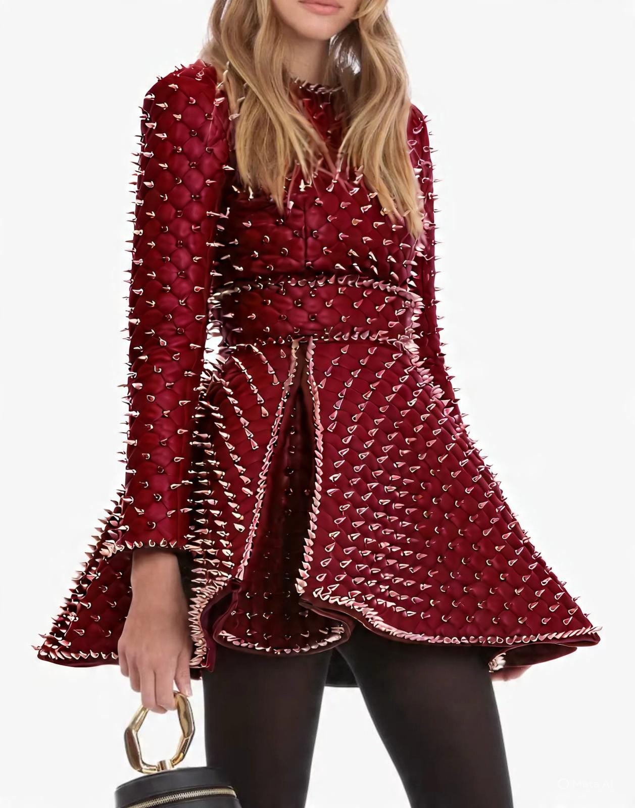 Spiked Royale Red Studded Flare Dress
