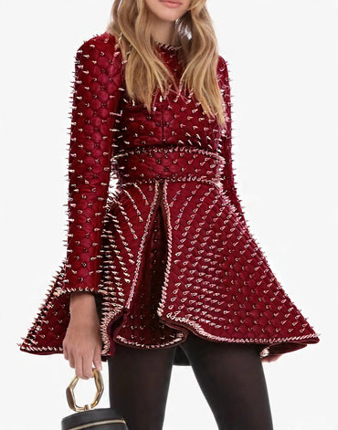 Spiked Royale Red Studded Flare Dress