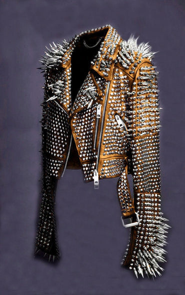 Orange Steampunk Studded Leather Jacket