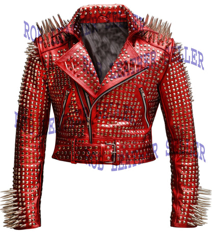 Crimson Vandal Silver Spike Studded Brando Leather Jacket