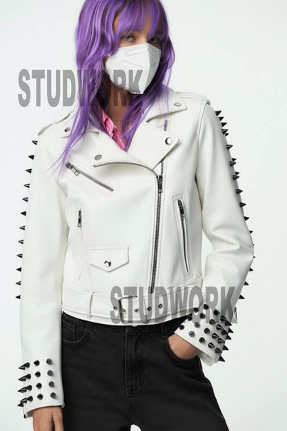 Ivory Anarchy Black Cone-Studded Leather Jacket