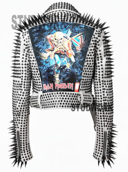 White Inferno Iron Maiden Spiked Brando Jacket