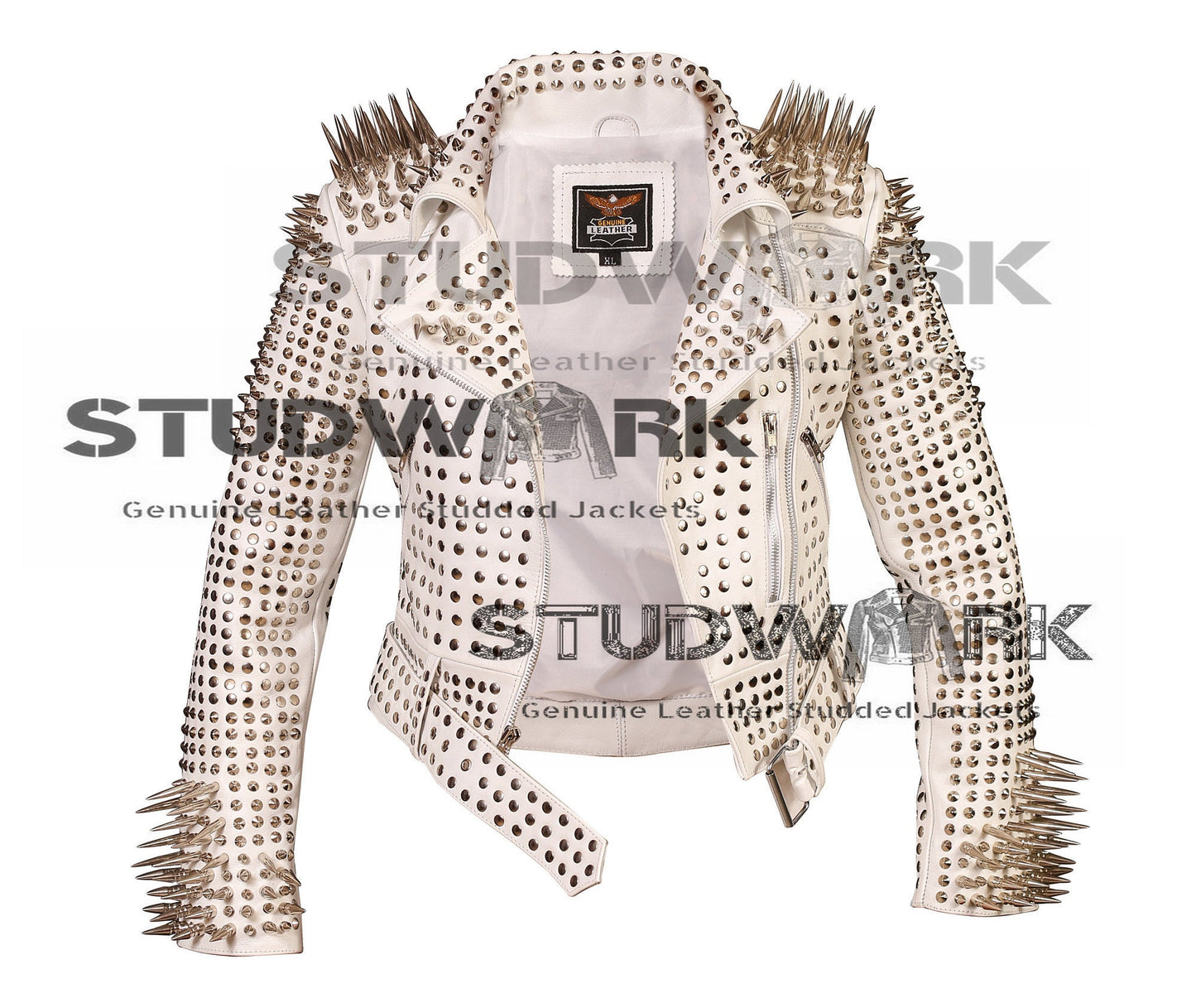 White Silver-Studded Cowhide Leather Jacket