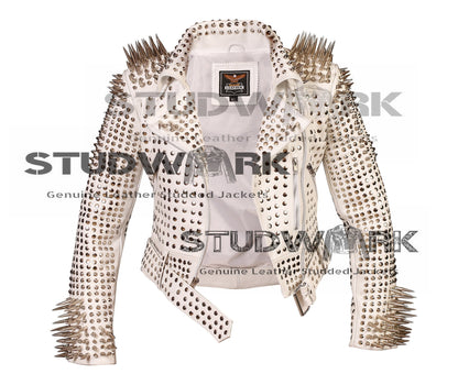 White Silver-Studded Cowhide Leather Jacket