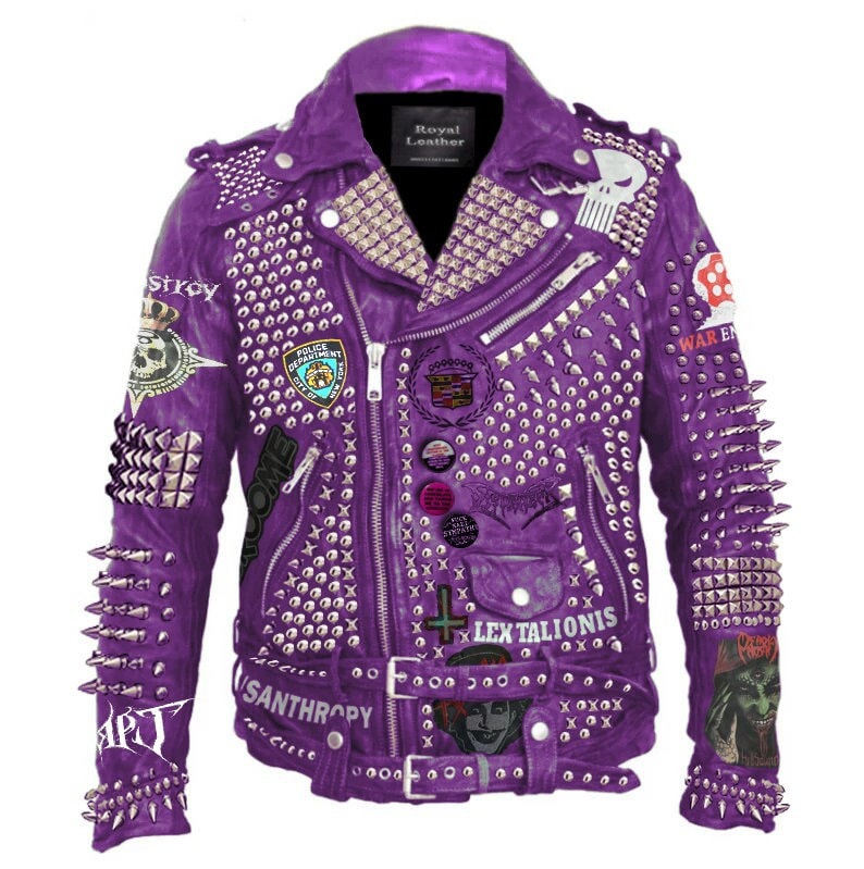 Violet Mosh Studded Leather Patch Jacket