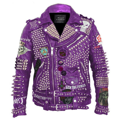 Violet Mosh Studded Leather Patch Jacket