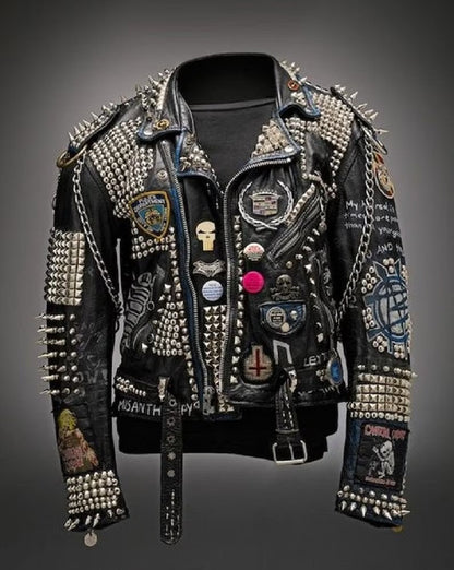 Black Mass Studded Leather Patch Jacket
