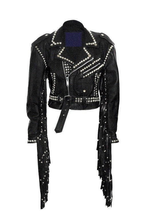 Black Silver Studded Brando Fringe Leather Jacket