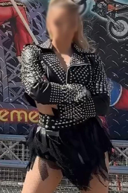 Cropped Studded Black Leather Jacket