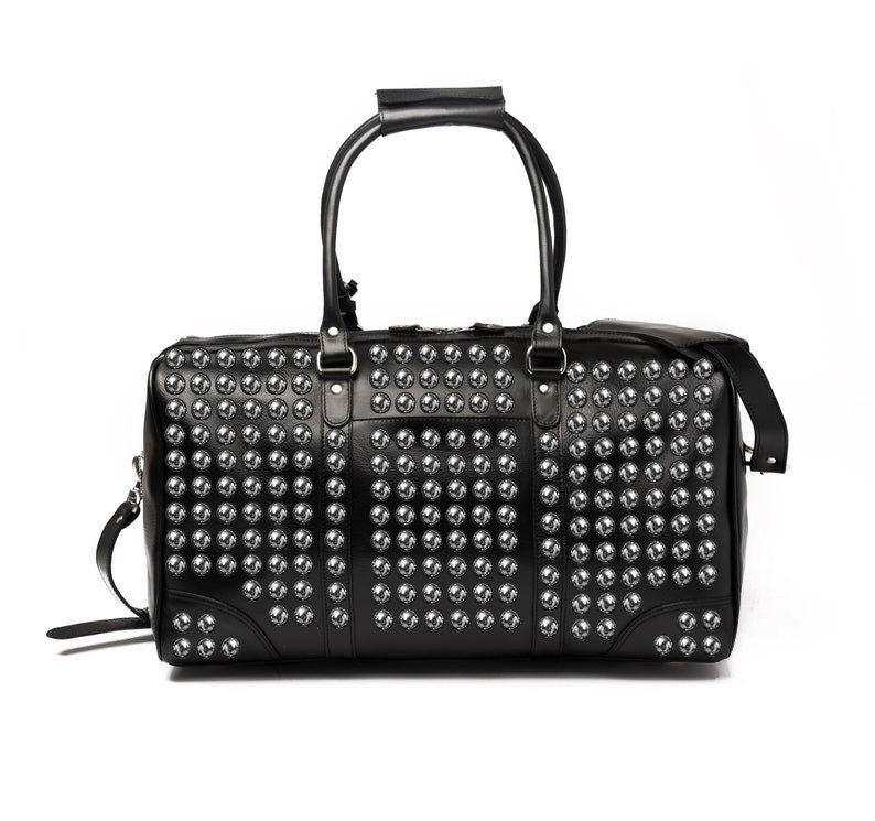 Black Silver Studded Leather Duffel Bag