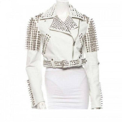 Handmade White Studded Leather Jacket